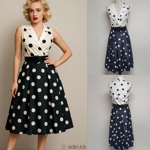 Rock-a-billy New Directions Colorblock Black White Polka-dot Belted Midi Dress